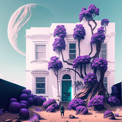 House with flowers on another planet. Generative AI image.