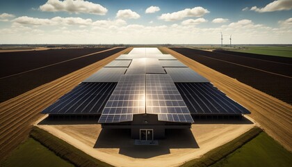 An aerial photo of solar panels on the roof of one of the large buildings outside the city. Photovoltaic system, green energy. Generative AI.