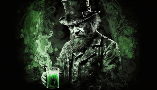 St. Patrick's day background. Leprechaun ghost Man in green hat generative ai