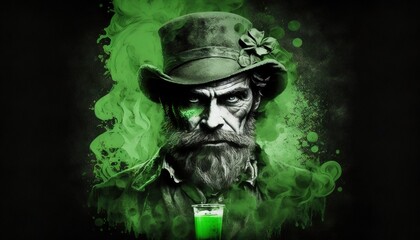 St. Patrick's day background. Leprechaun ghost Man with green hat holding glass with green liquid generative ai	