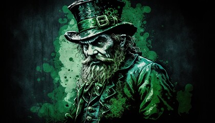 Fototapeta premium St. Patrick's day background. Leprechaun ghost Man in green hat generative ai 