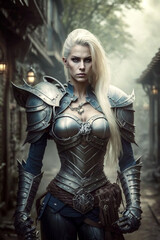 Fototapeta na wymiar Portrait of a blonde female knight in heavy metal armor. Standing in front of a medieval fantasy village. Generative AI