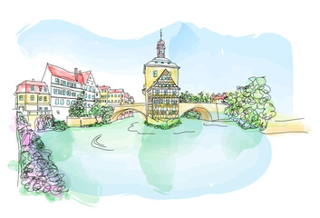 Old town Bamberg in Bavaria, Germany.  Vector, watercolor illustration