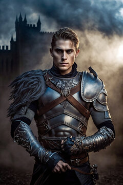 Portrait of a blonde male knight in heavy metal armor. Standing in front of a medieval fantasy fortress. Generative AI