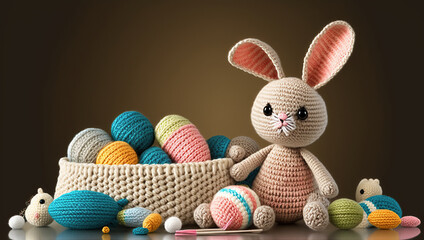 Crochet Easter bunny with many easter egg. Generative AI