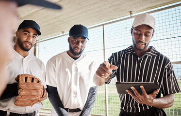 Group portrait, planning or baseball coach with a strategy in training or softball game in dugout. Leadership, formation on tablet or black man with sports athletes for teamwork or mission goals - obrazy, fototapety, plakaty