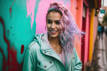 Beautiful young woman with pink hair smiling carefree on a colorful city street. Urban woman, retro-hipster. Illustration. Generative AI