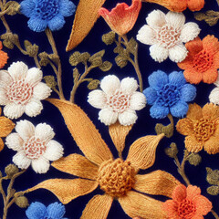 Knitted flowers on dark background, seamless pattern, Generative AI