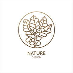 Coffee plant linear logo. Round emblem coffee tree. Icon of coffee tree branch with grains. Abstract badge for design of natural products, coffee shop, for cafe, bar, shop, botany