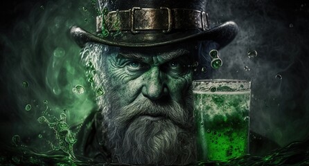 St. Patrick's day background. Leprechaun ghost Man with in green hat generative ai	