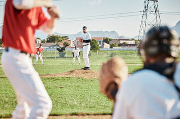 Men, pitcher or baseball player with glove in game, match or competition challenge on field, ground...