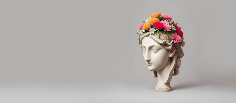 3D rendering of ancient female sculpture, white head with pink flowers. copy space. Abstract banner. Generative AI