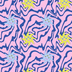 Groovy third eyed sun and moon on swirl lines distorted background. Psychedelic y2k retro magic seamless pattern. Hippie vintage vibe funky wrapping paper textile cover decor. Vector illustration.