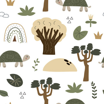 Childish seamless pattern with cute turtle surrounded by tropical plants. Safari template. Baby pattern for fabric, packaging, apparel, textile, wallpaper, pajamas, baby clothes, bedding. Vector