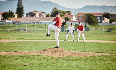 Baseball field, competitive and man pitcher pitch or throw ball in a match, game or training with a...