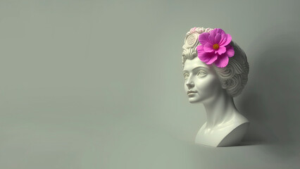 3D rendering of ancient female sculpture, white head with pink flowers. copy space. Abstract banner. Generative AI