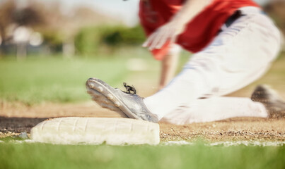 Fototapeta na wymiar Man, foot or slide on sports baseball field in game, match or competition challenge for homerun motion blur. Athlete, shoes or softball player feet in fast run, fitness or exercise workout on ground