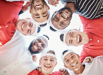 Portrait, funny or sports people in huddle with support, hope or faith on baseball field in game together. Teamwork, happy faces or group of excited softball athletes with goals, unity or motivation