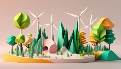 A landscape is dotted with towering wind turbines. Generative AI