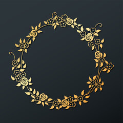 Hand drawn round floral golden frame on dark background. Sketch flower, leaves and branches decoration wreath.