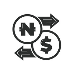 Vector illustration. Currency exchange. Money conversion. Dollar to Nigerian Naira icon isolated on white background. Dollar to naira exchange icon with arrow. USD NGN