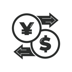 Vector illustration. Currency exchange. Money conversion. Dollar to yen yuan icon isolated on white background. Dollar to yuan exchange icon with arrow CNY JPY USD
