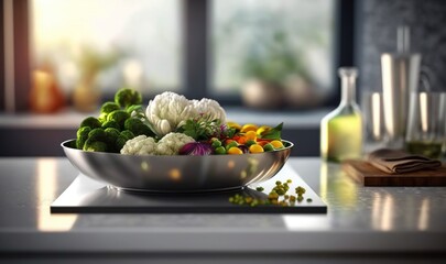  a bowl of vegetables sitting on a counter next to a cutting board.  generative ai