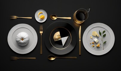  a table set with a black and white table cloth and gold cutlery.  generative ai