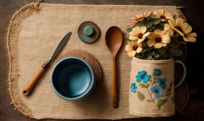  a place mat with a flower pot, spoon, and cup on it.  generative ai