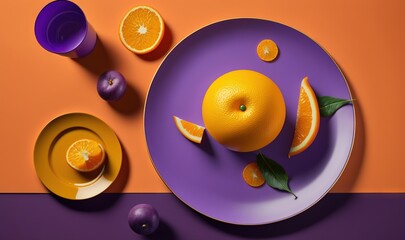  a plate with oranges and a purple plate with orange slices on it.  generative ai