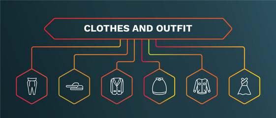 set of clothes and outfit white thin line icons. clothes and outfit outline icons with infographic template. linear icons such as sleepers, oxford wave blazer, circle skirt, denim jacket, long