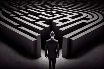 Obraz na płótnie Canvas Man walking into big labyrinth. Finding solution concept. Generative ai.