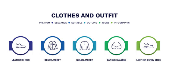 set of clothes and outfit thin line icons. clothes and outfit outline icons with infographic template. linear icons such as leather shoes, denim jacket, nylon jacket, cat eye glasses, leather derby
