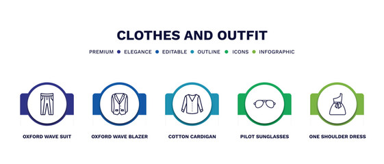 set of clothes and outfit thin line icons. clothes and outfit outline icons with infographic template. linear icons such as oxford wave suit pants, oxford wave blazer, cotton cardigan, pilot