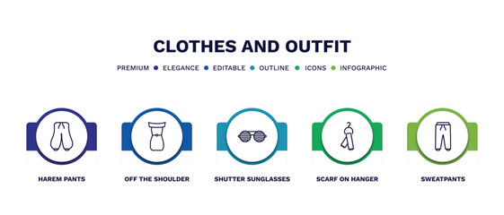 set of clothes and outfit thin line icons. clothes and outfit outline icons with infographic template. linear icons such as harem pants, off the shoulder dress, shutter sunglasses, scarf on hanger,