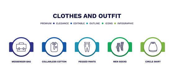 set of clothes and outfit thin line icons. clothes and outfit outline icons with infographic template. linear icons such as messenger bag, collarless cotton shirt, pegged pants, men socks, circle