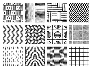 Set of Aesthetic Contemporary printable seamless pattern with abstract Minimal elegant line brush stroke shapes and line in black and white colors.