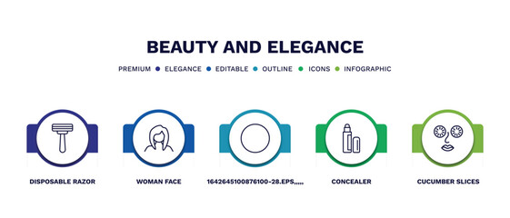 set of beauty and elegance thin line icons. beauty and elegance outline icons with infographic template. linear icons such as disposable razor, woman face, 1642645100876100-28.eps,,,,,, concealer,