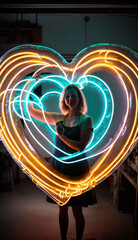 Beautiful woman holding a neon coloured love heart. Generative Ai.