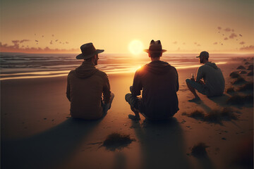 Group  happy people sits on background of empty sunset beach. Travel or sea vacations concept. Generative AI
