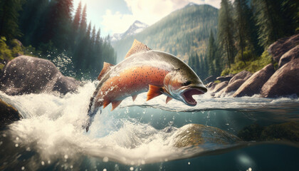 Salmon jumps on mountain river created with generative AI technology