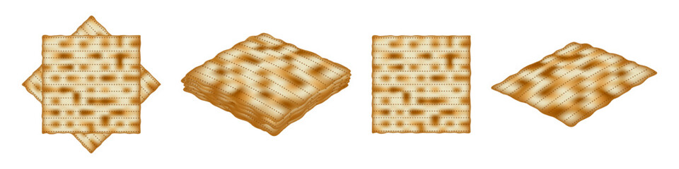 Matzo for Passover, isolated on white in different positions. Matzoh, unleavened bread is a symbol of the Jewish holiday Pesach. Vector illustration.
