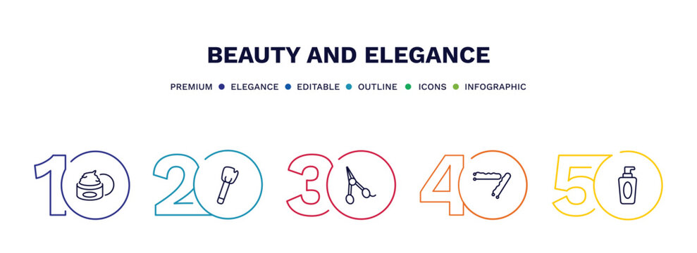 set of beauty and elegance thin line icons. beauty and elegance outline icons with infographic template. linear icons such as facial cream, inclined makeup brush, hair scissors, bobby pins, liquid