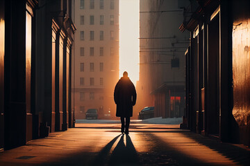 Silhouette of a person walking in the sunset on the city street . AI Generate - obrazy, fototapety, plakaty