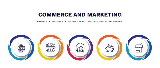 set of commerce and marketing thin line icons. commerce and marketing outline icons with infographic template. linear icons such as online store cart, , piggy bank with coin, shop store