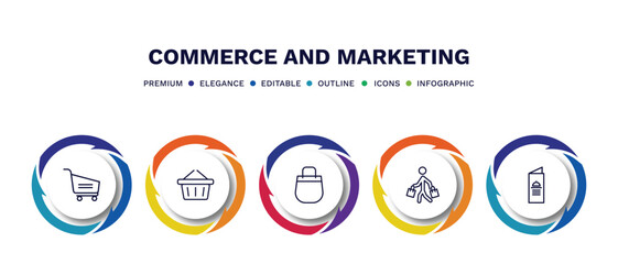 set of commerce and marketing thin line icons. commerce and marketing outline icons with infographic template. linear icons such as , supermarket basket, shopper, restaurant card