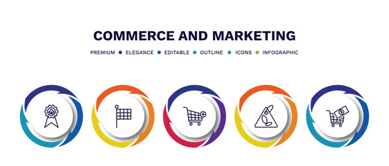 set of commerce and marketing thin line icons. commerce and marketing outline icons with infographic template. linear icons such as house badge, checkered, add to cart, eco tag, commerce and