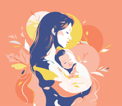 Tender illustration with a woman with a baby in her arms. Postcard for Mother's Day. Postpartum happy period. The concept of motherhood and health. Vibrant contrasting colors