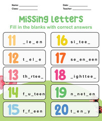 Missing letter worksheet. Complete the letters for number in English. Kids educational game. Printable worksheet for preschool. Writing practice. Vector file.