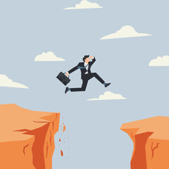 Businessman jumping over precipice with gap. Risk and challenge concept illustration